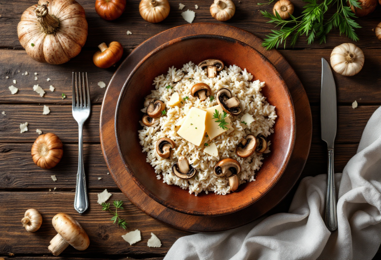 Piatto di riso con funghi pioppini e pecorino primo sale