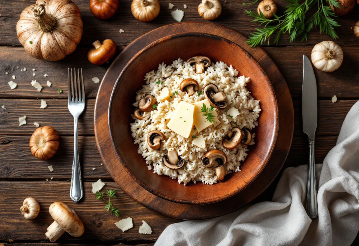Piatto di riso con funghi pioppini e pecorino primo sale
