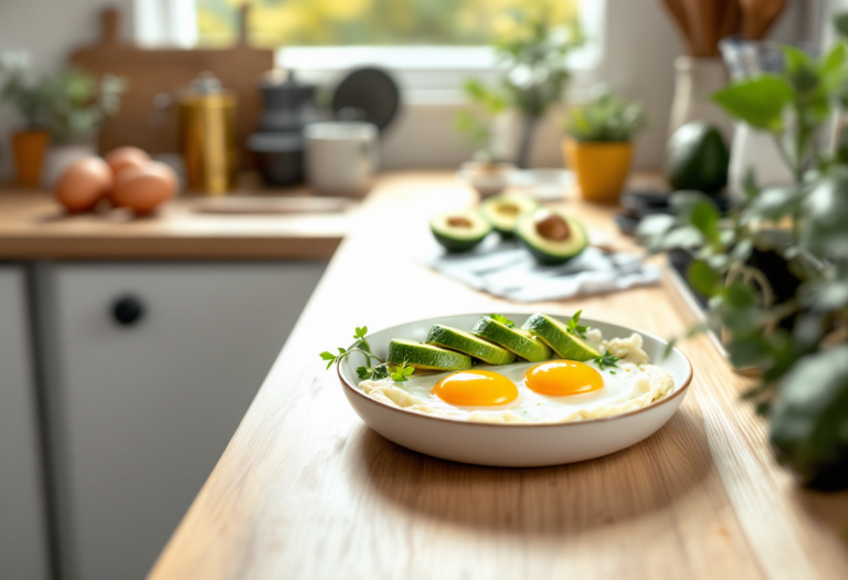 Rotoli di avocado e uova al tegamino su un piatto