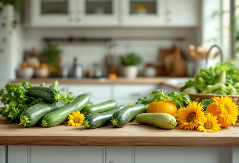 Piatto di spaghetti con zucchine in fiore fresche