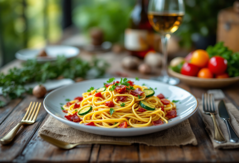 Piatto di spaghetti fritti con zucchine e pancetta croccante