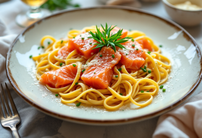 Piatto di tagliatelle al salmone affumicato con erbe