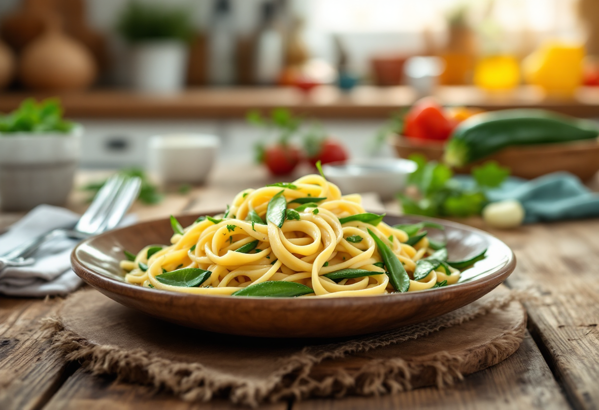 Tagliolini al tuorlo con fave, porri e zucchine fresche