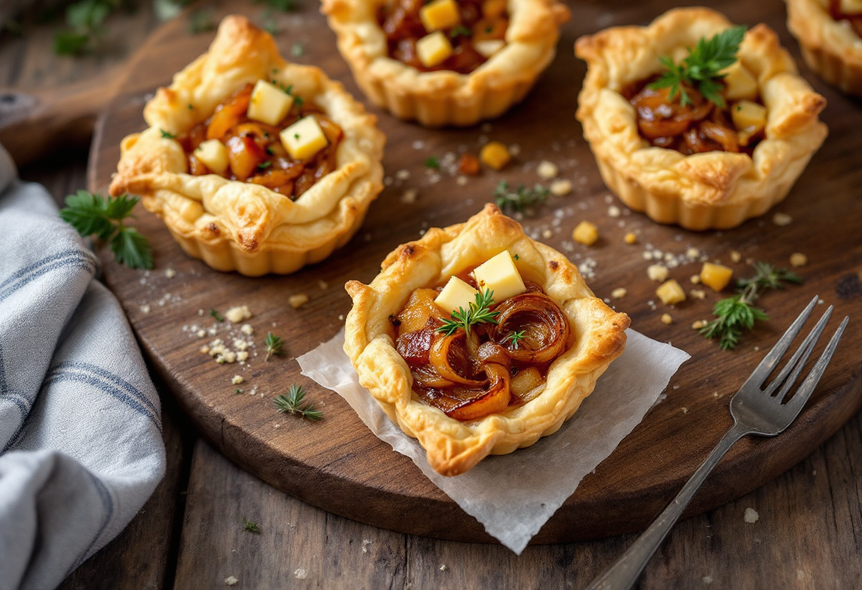 Tartellette con robiola, cipolla e timo limone