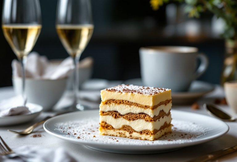 Tiramisù sbagliato servito in un piatto elegante