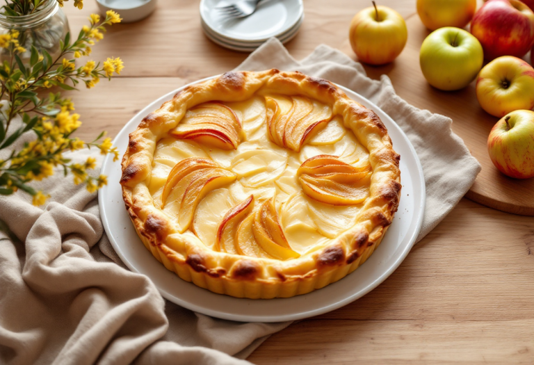Torta di mele e ricotta decorata con fettine di mela