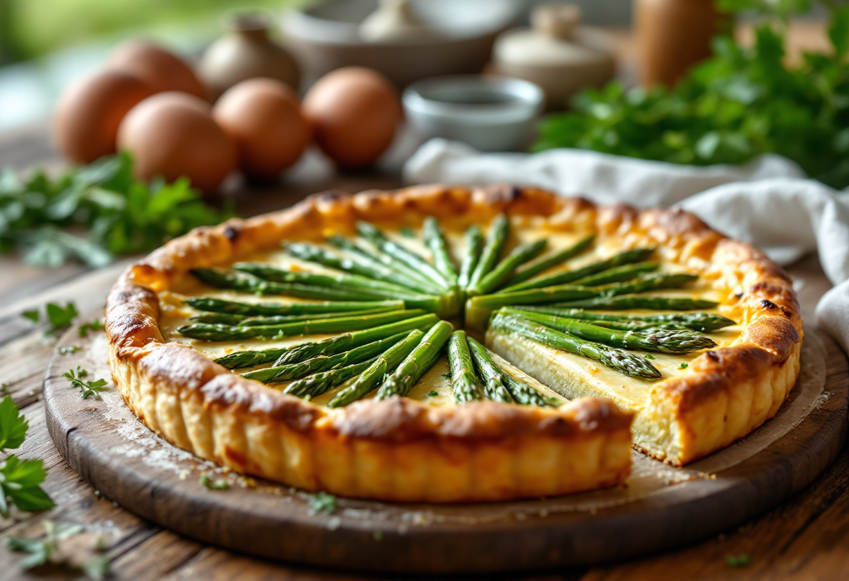 Torta salata con asparagi fresca e appetitosa