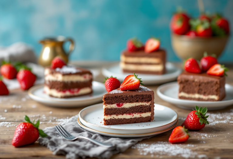 Deliziose torte al cacao decorate con fragole fresche