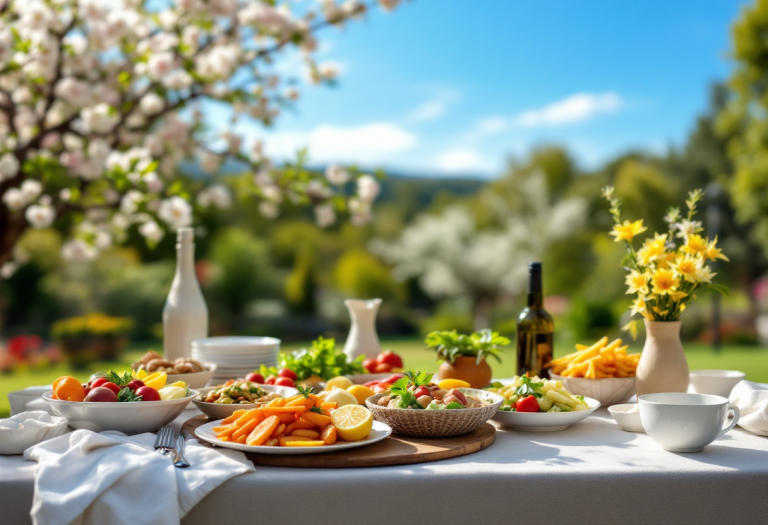 Piatto tipico del Primo Maggio in Italia con fiori e cibo