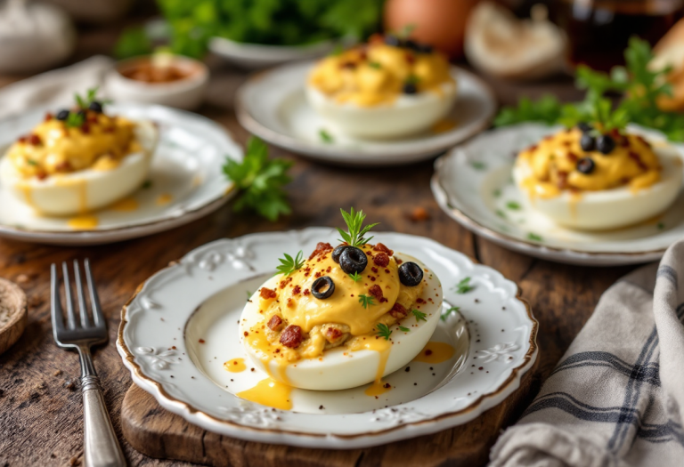 Uova ripiene decorate con erbe fresche e spezie