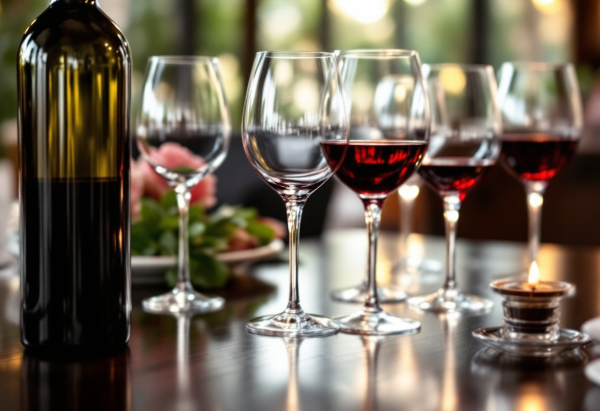 Un bicchiere di vino rosso su un tavolo elegante