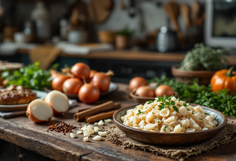 Piatto di baccalà e cipolle alla veneta servito in tavola