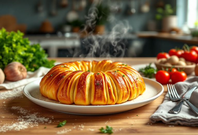 Timballo di pasta gramigna con gorgonzola e verdure