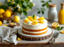 Torta caprese al limone decorata con limoni freschi