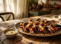 Antipasto di cozze farcite con bacon, tonno e albicocche con salsa di peperone