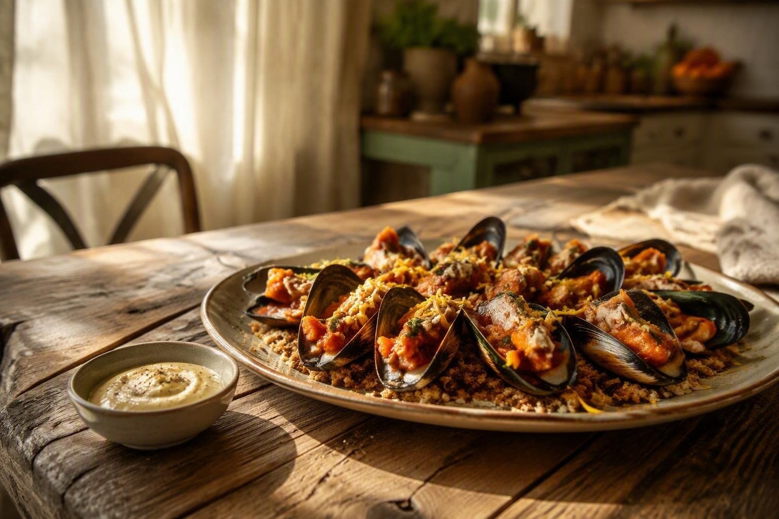Antipasto di cozze farcite con bacon, tonno e albicocche con salsa di peperone