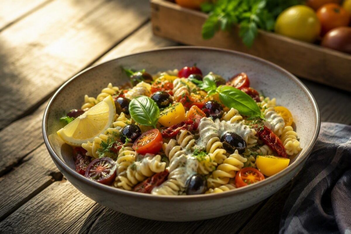 Insalata di pasta vegana alla mediterranea facile, cremosa e perfetta da portare con sé