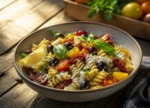 Insalata di pasta vegana alla mediterranea facile, cremosa e perfetta da portare con sé