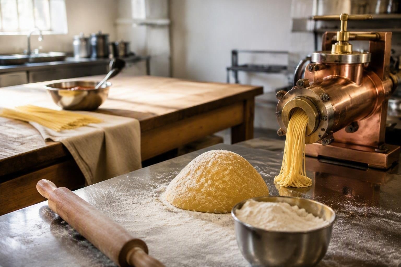 Pasta fresca come in laboratorio con farine, idratazione e trafilatura