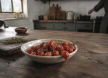 Antipasto estivo con sfoglie di pomodorini caramellati al timo