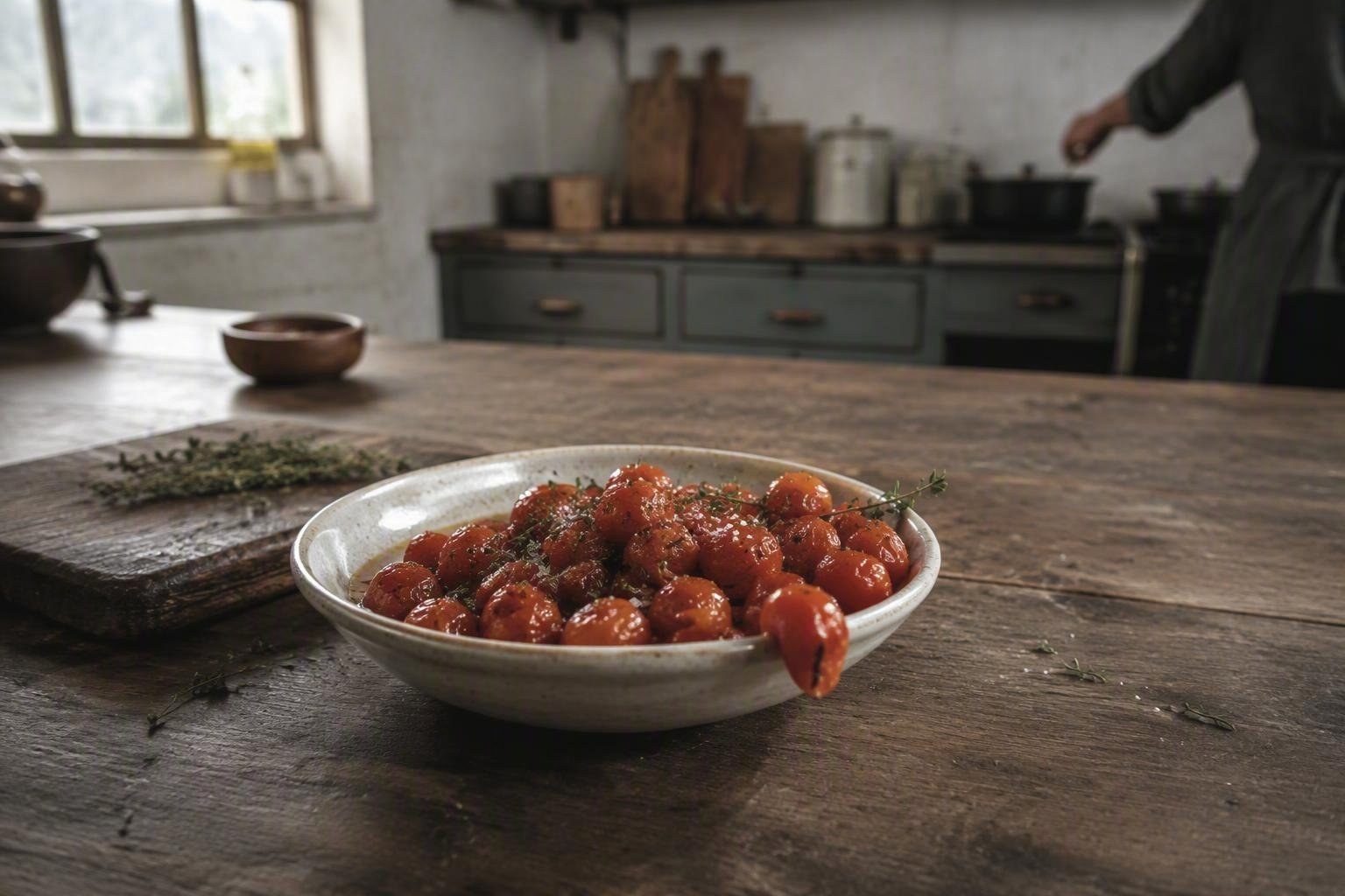 Antipasto estivo con sfoglie di pomodorini caramellati al timo