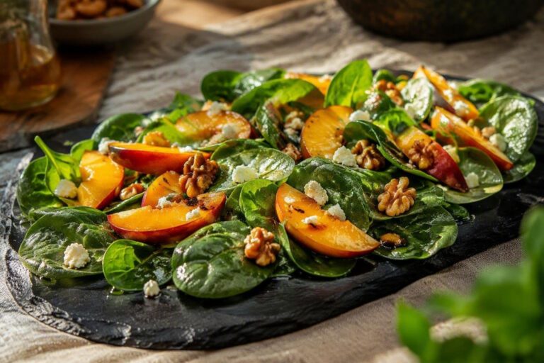 Insalata di spinaci e pesche, feta e noci: ricetta rapida