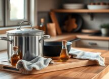 Cura senza tempo di acciaio, ghisa e legno in cucina