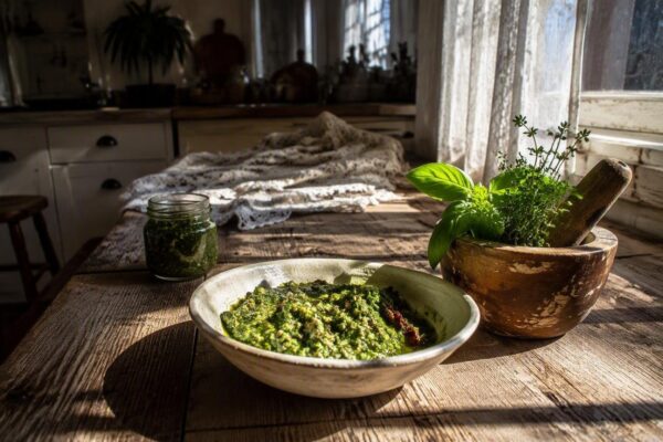 Ricetta vegana del pesto di finocchietto con mandorle e pomodori secchi