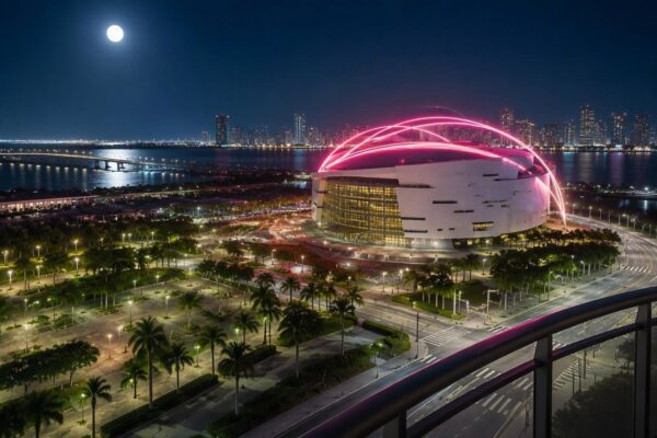 Miami’s Kaseya Center dons pink-white neon tribute to GTA VI