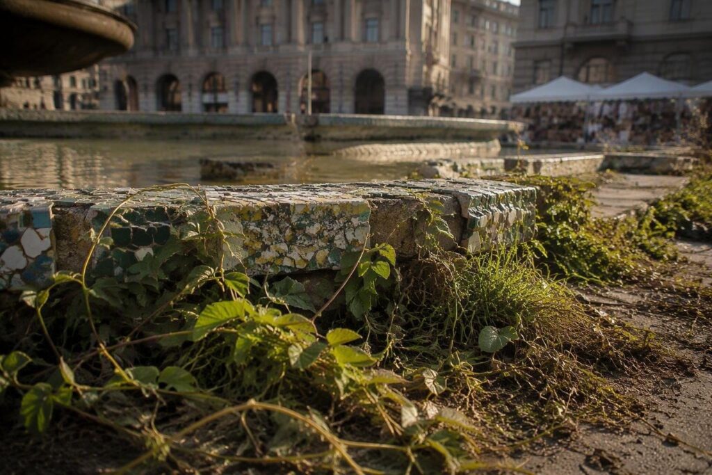 Piazza De Ferrari a Genova: il degrado avanza tra le erbacce