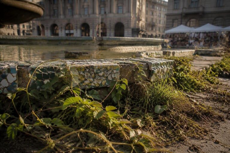Piazza De Ferrari a Genova: il degrado avanza tra le erbacce