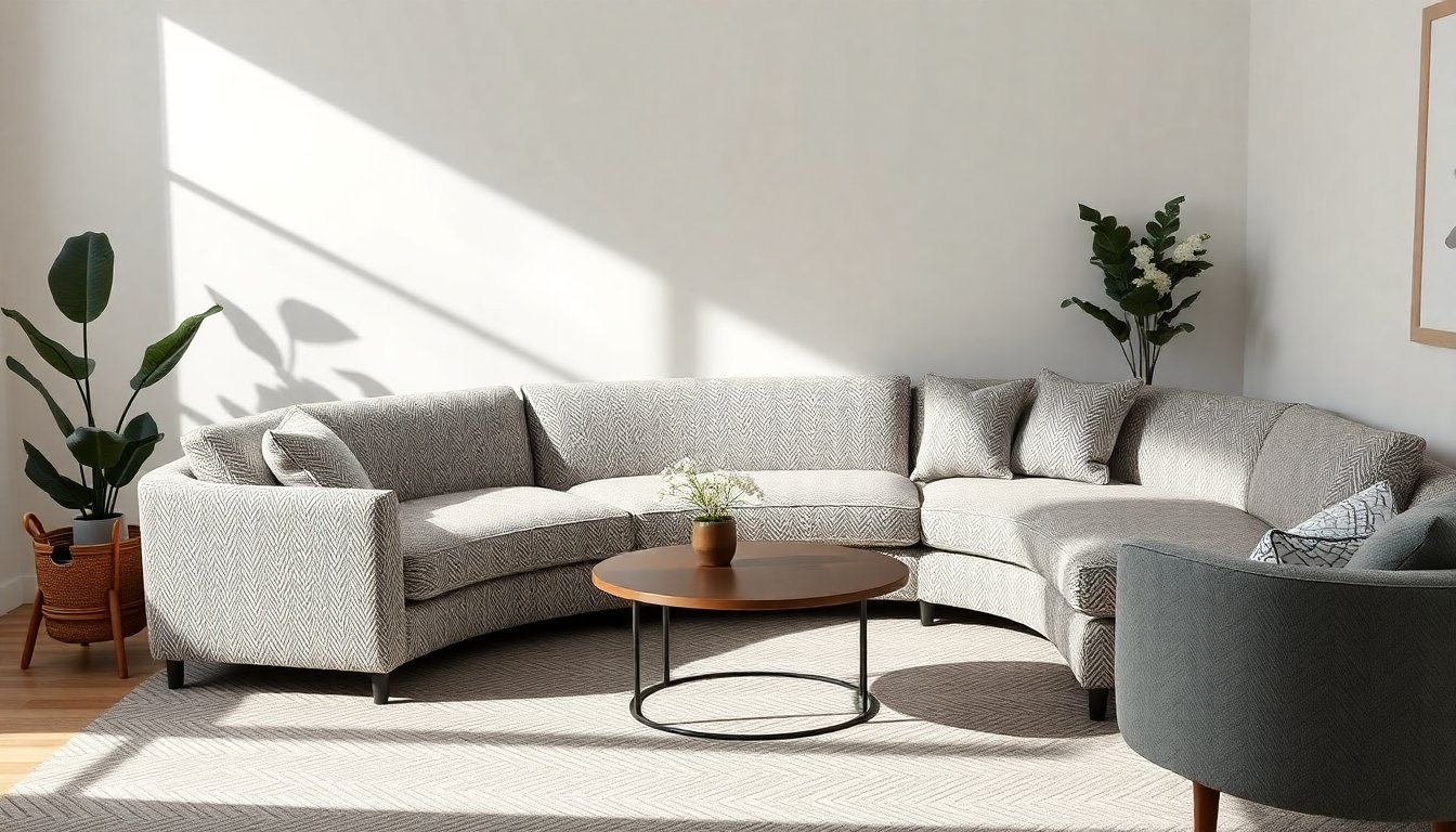 Comfortable herringbone-inspired curved sectional for modern living