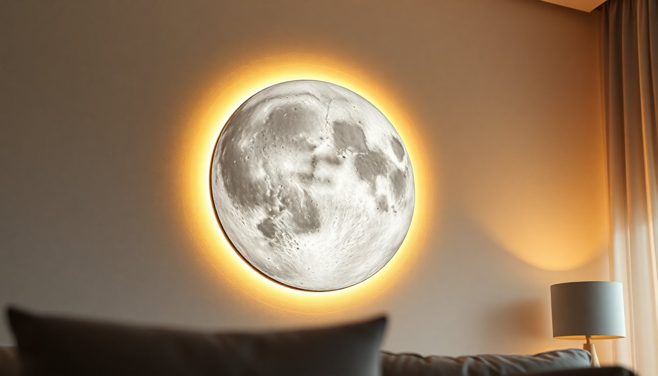 DIY lunar wall art with IKEA trays, coasters and LED strip