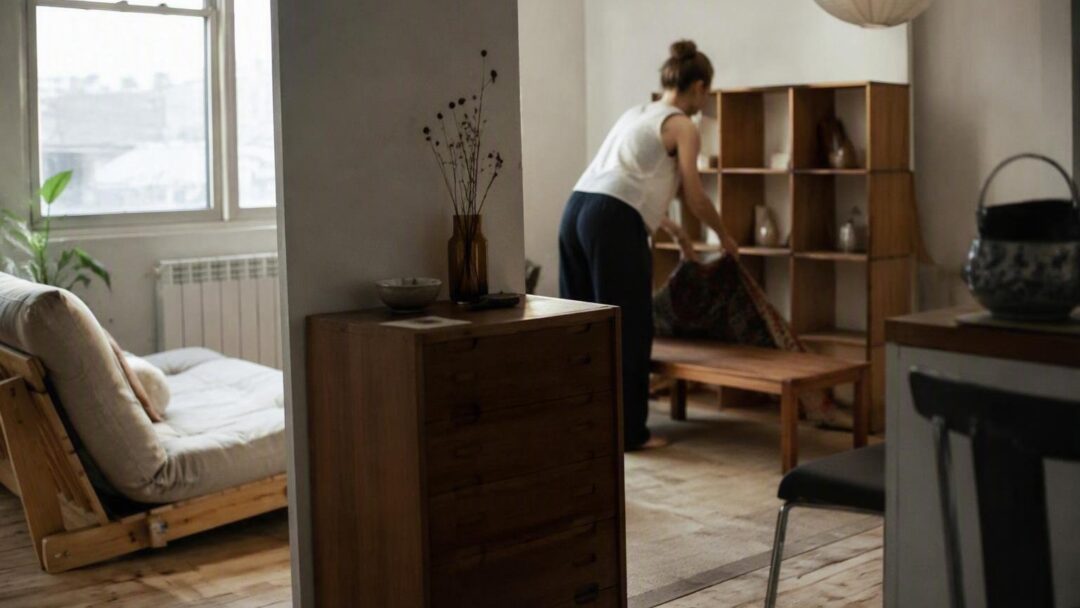 Optimizing small studios with rugs, shelving, and convertible furniture