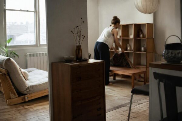 Optimizing small studios with rugs, shelving, and convertible furniture
