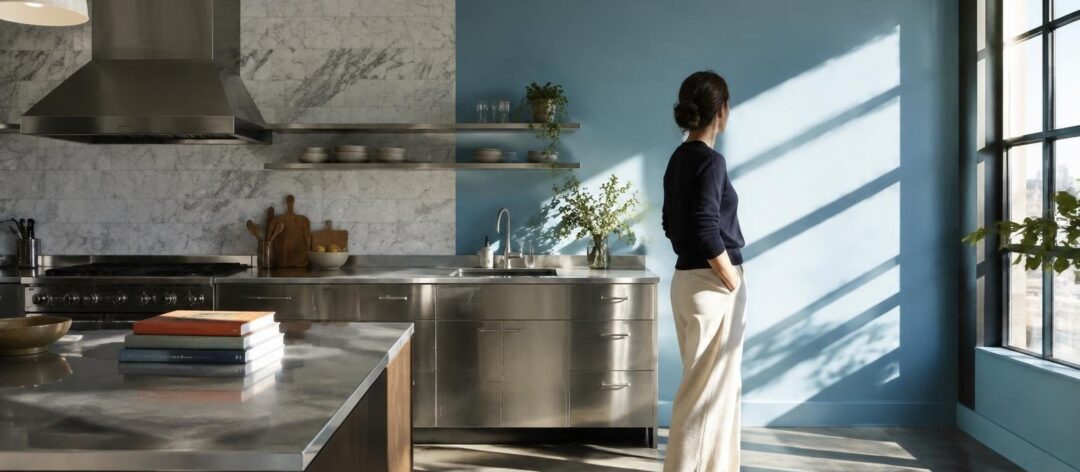 Blue paint transforms dated condo kitchen after 16 years