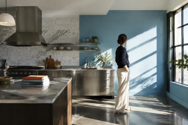 Blue paint transforms dated condo kitchen after 16 years