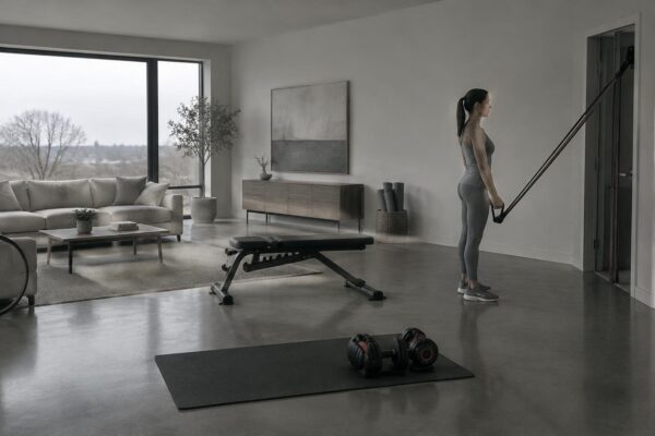 Essential home-gym gear: bands, adjustable dumbbells and a versatile bench
