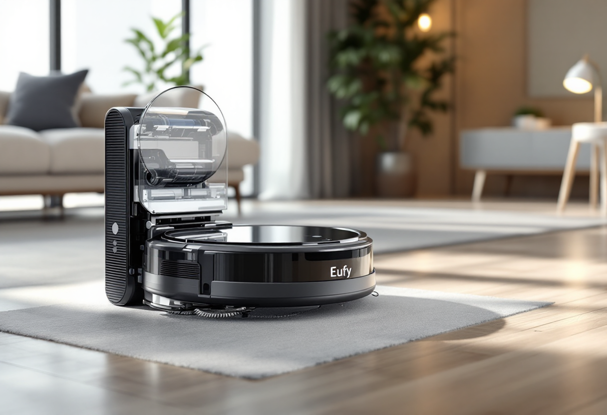 Eufy E20 robot aspirapolvere in azione su pavimento