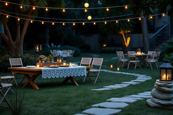 Allestire il giardino per feste: percorso ospiti, luci e buffet