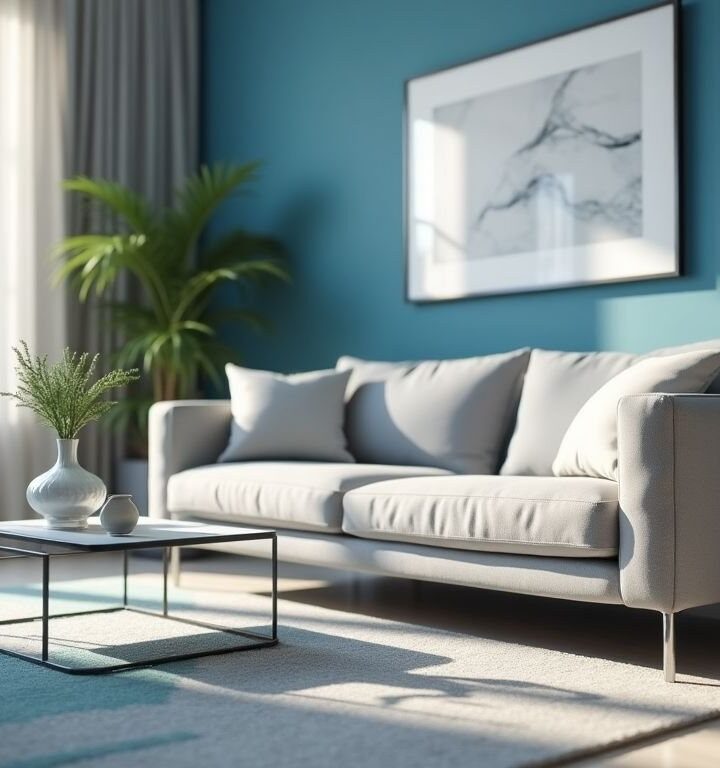 Soggiorno moderno con pareti blu: consigli per arredare con stile