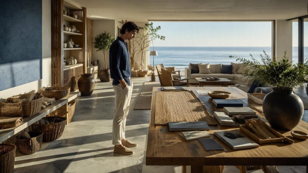 Casa al mare elegante: palette sabbia, blu polverosi e fibre naturali