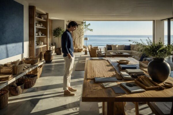 Casa al mare elegante: palette sabbia, blu polverosi e fibre naturali
