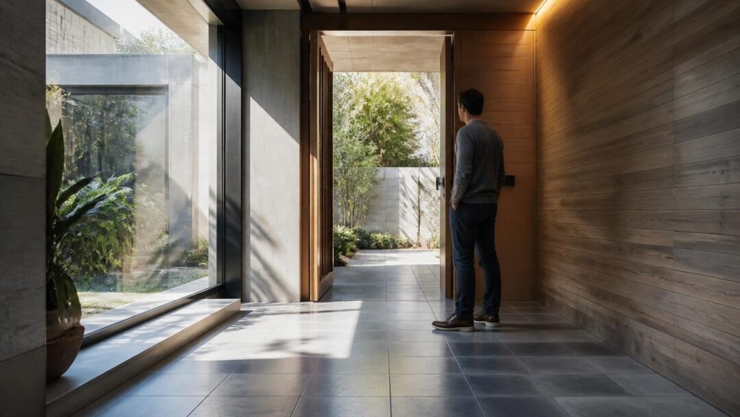 Ingresso ordinato: ceramica, cemento e luci calde