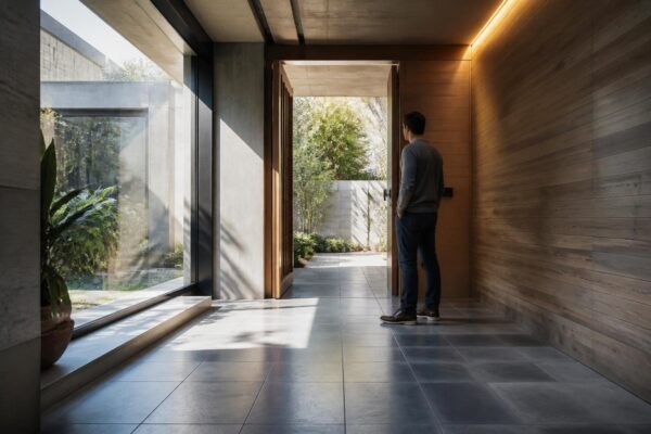 Ingresso ordinato: ceramica, cemento e luci calde