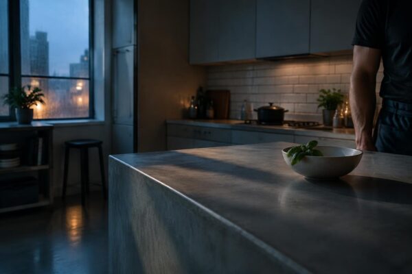 Materiali moderni: cemento, ceramica e luce d’accento