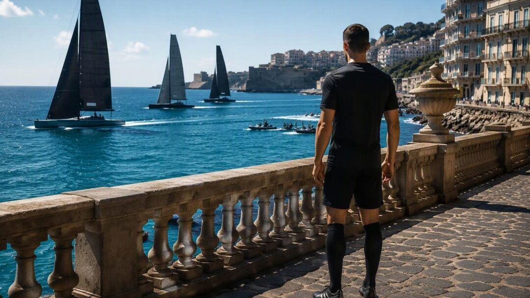 Difensore del Napoli osserva le regate preliminari in Golfo