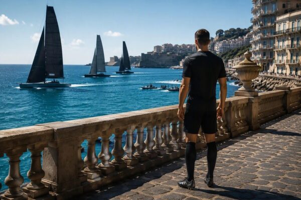 Difensore del Napoli osserva le regate preliminari in Golfo