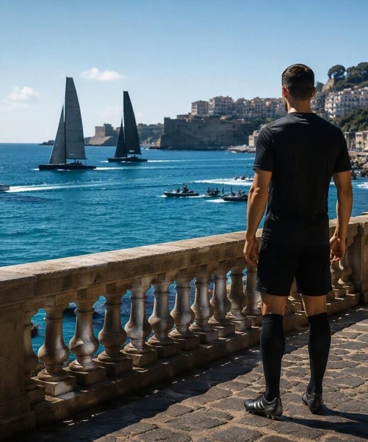 Difensore del Napoli osserva le regate preliminari in Golfo