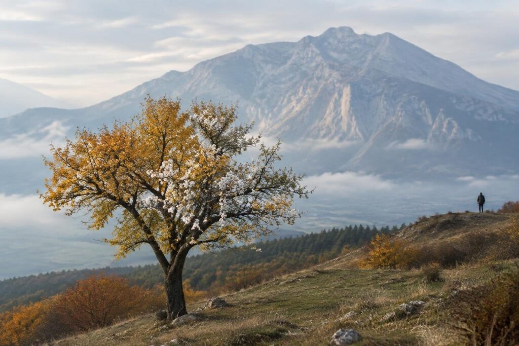 Fioritura insolita di un melo a Avezzano con Monte Velino sullo sfondo